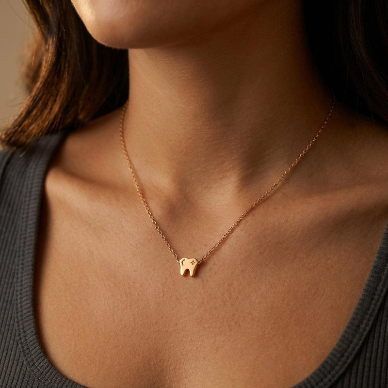 Gold molar tooth charm necklace with roots, on a fine cable chain (4 of 9)