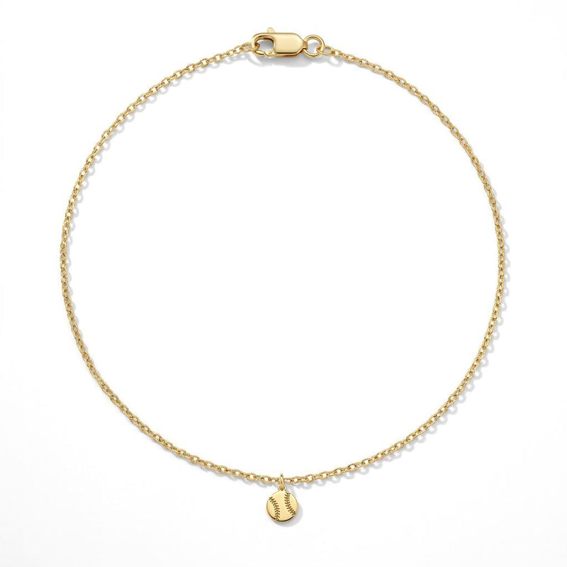 Fine gold chain necklace with a tiny round baseball pendant with stitching