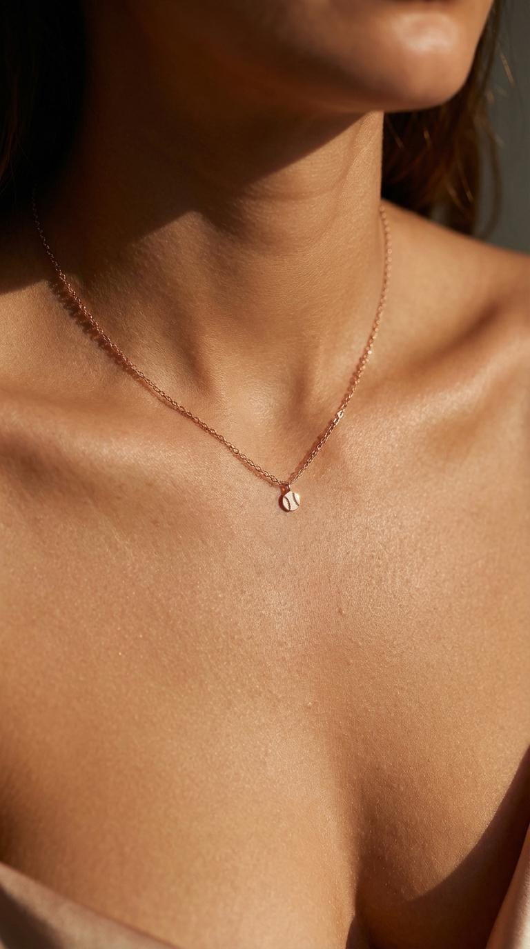 Fine gold chain necklace with a tiny round baseball pendant with stitching (2 of 13)