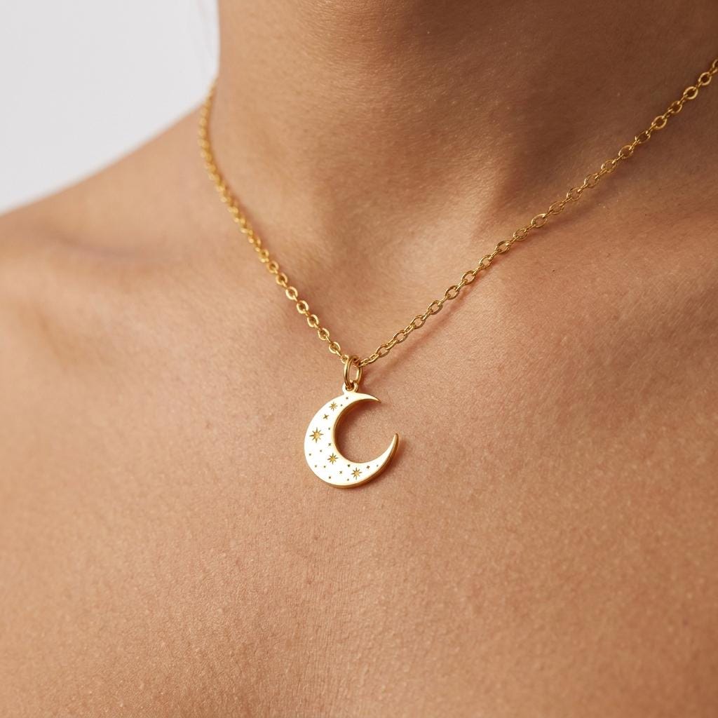Thin gold crescent moon pendant hanging from a fine cable chain