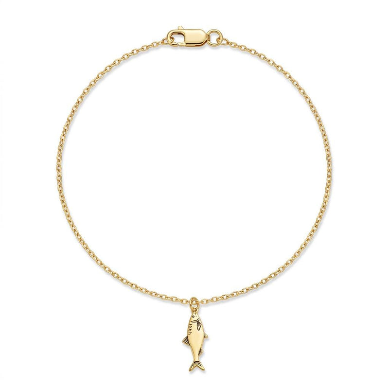 Dainty gold sardine charm necklace with a detailed fish on a fine chain