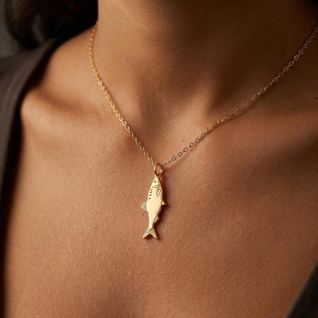Dainty gold sardine charm necklace with a detailed fish on a fine chain (2 of 11)