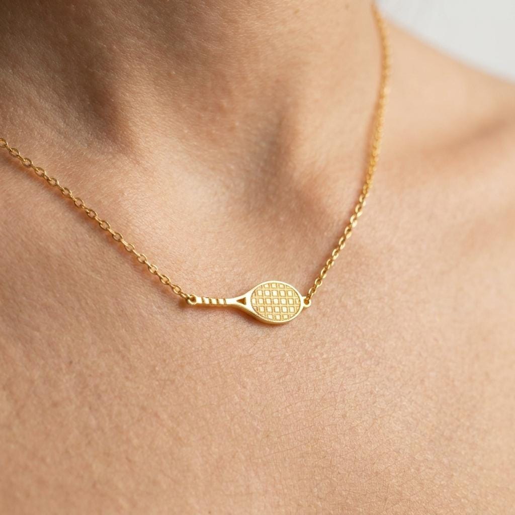 Gold tennis racquet pendant with strung head on a fine chain (2 of 8)
