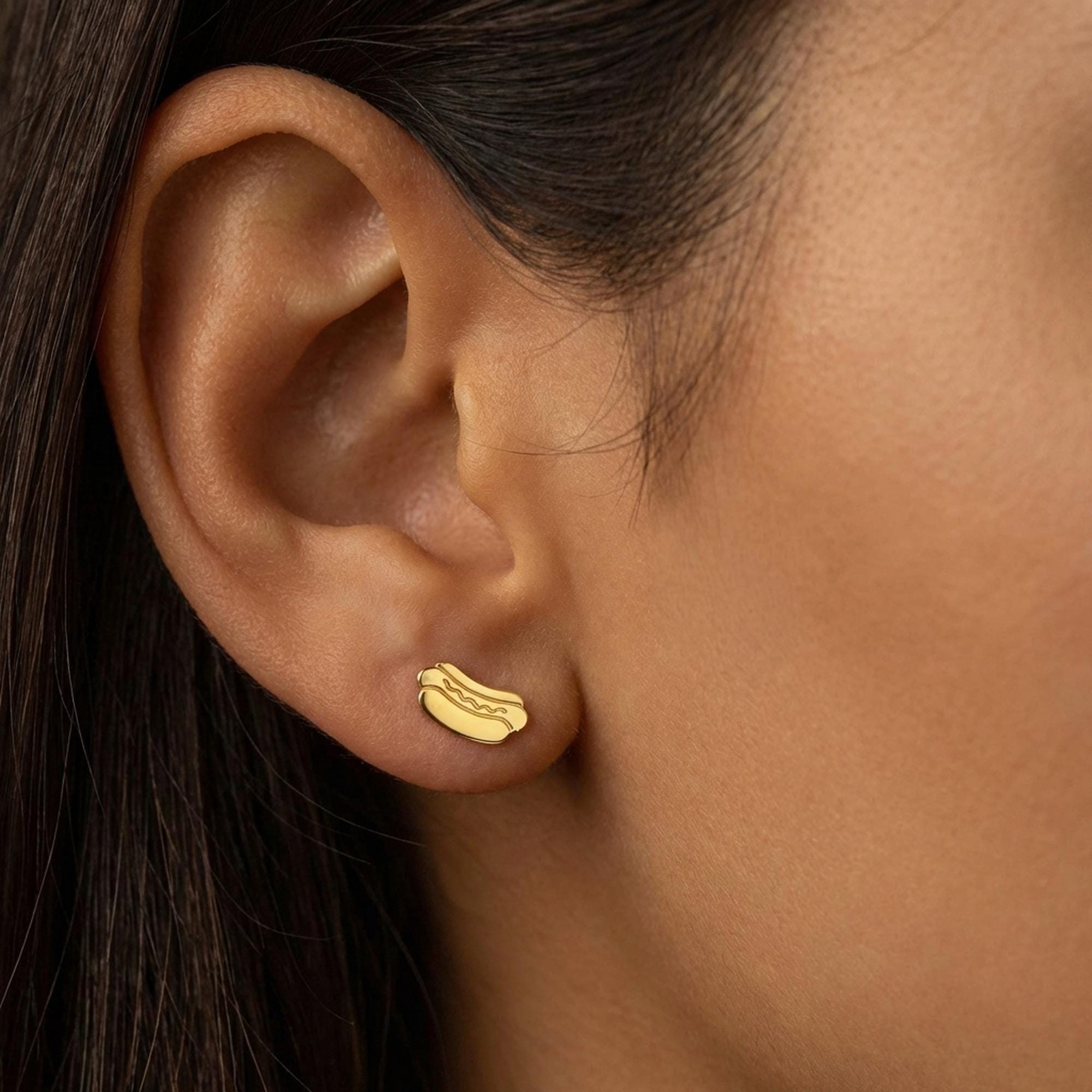 Tiny gold hotdog stud earrings with bun detail on gold-filled posts (2 of 10)