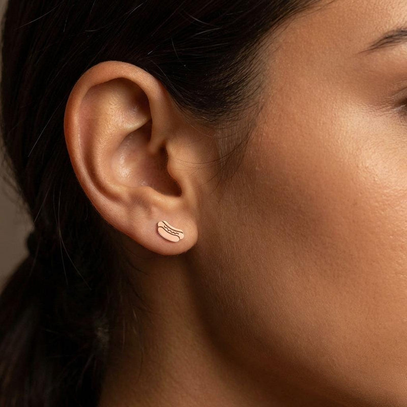 Tiny gold hotdog stud earrings with bun detail on gold-filled posts (4 of 10)