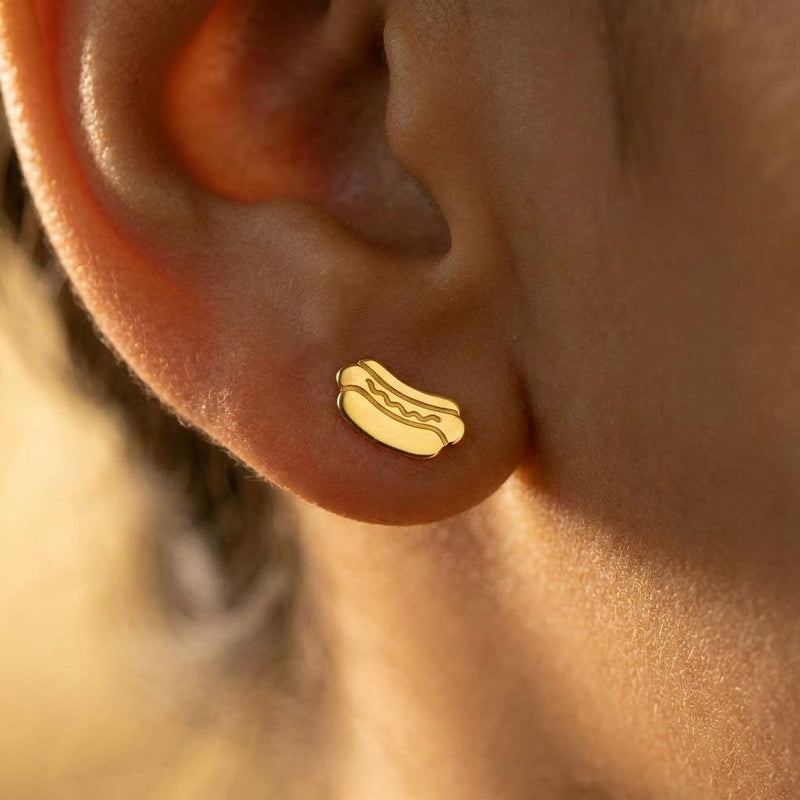Tiny gold hotdog stud earrings with bun detail on gold-filled posts (5 of 10)