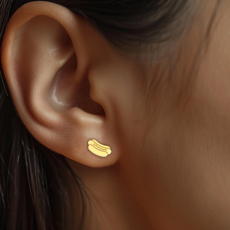 Tiny gold hotdog stud earrings with bun detail on gold-filled posts (9 of 10)