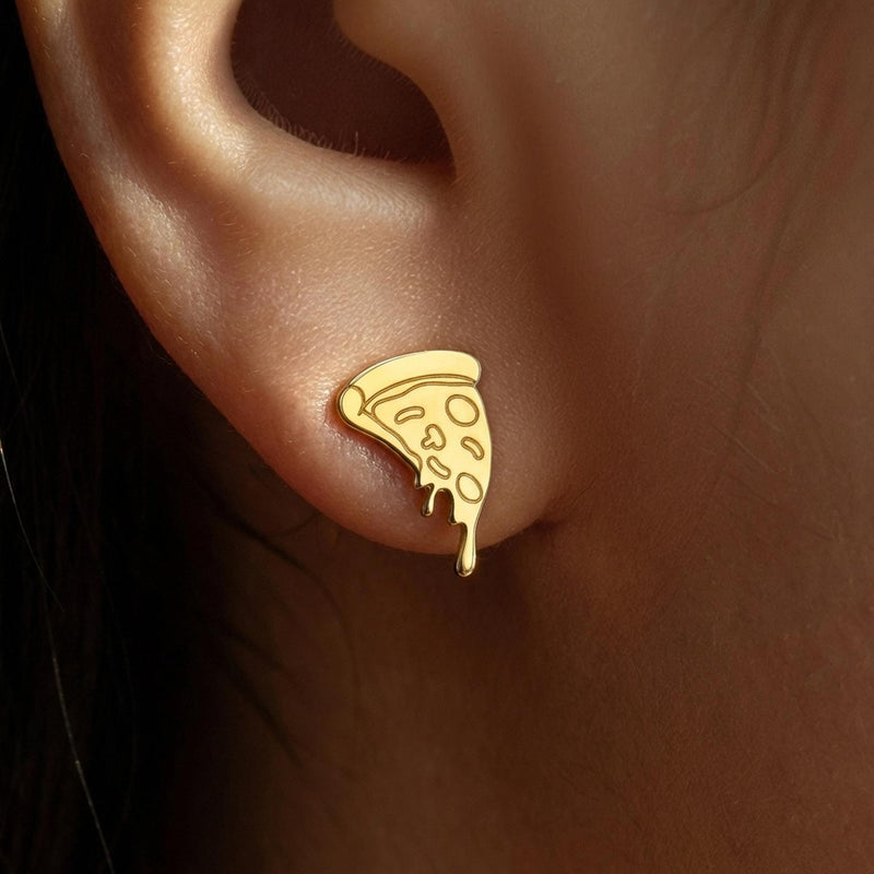 Pair of tiny gold pizza slice stud earrings with posts (10 of 10)