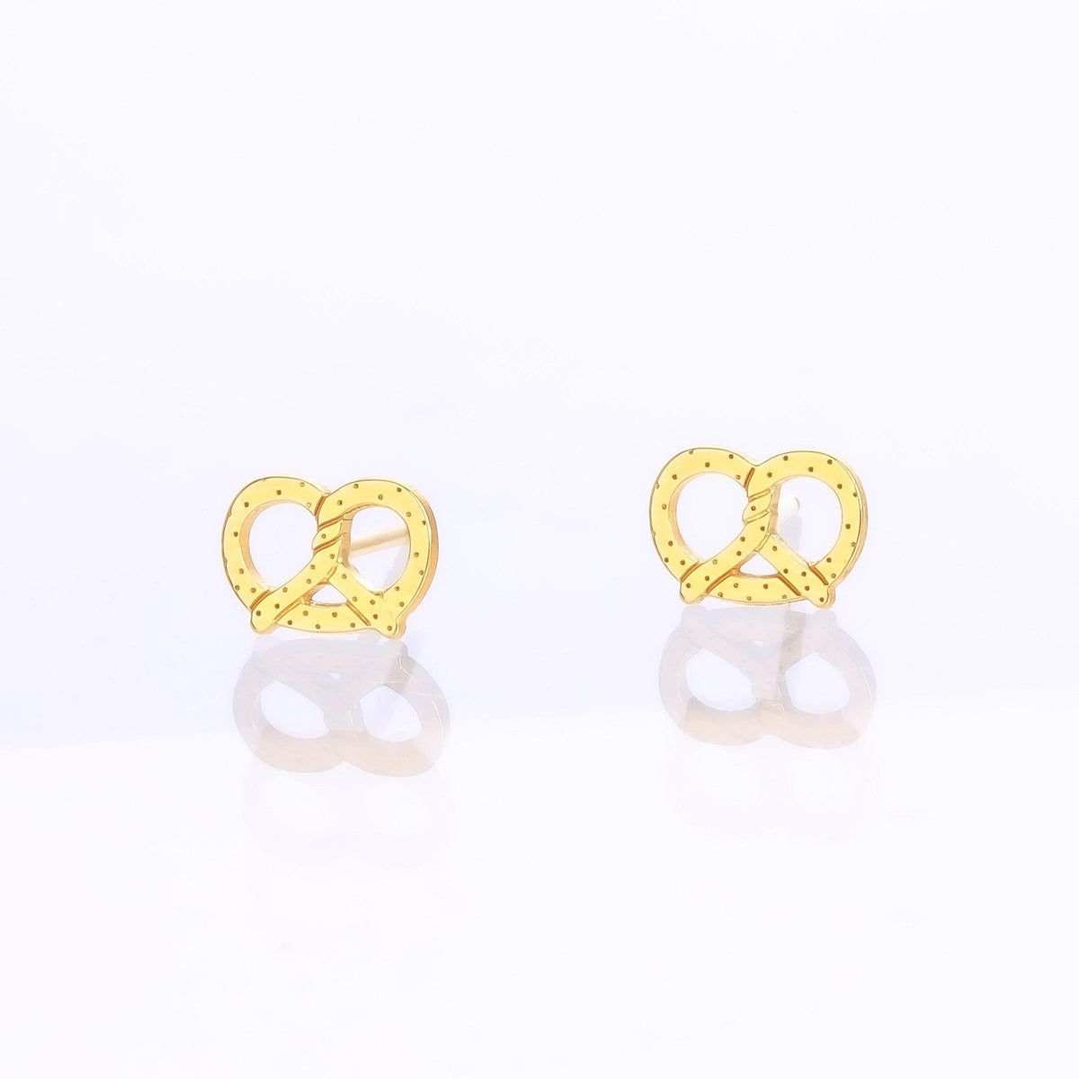 Pair of small gold pretzel stud earrings with three open loops