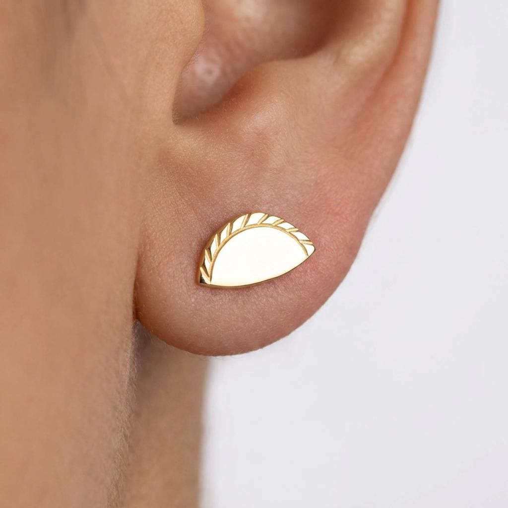 Pair of small gold empanada stud earrings shaped as half moons with crimped edges. (2 of 8)
