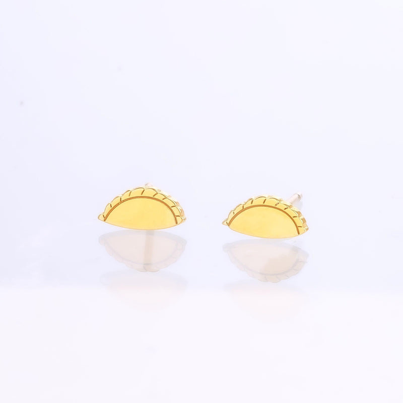 Pair of small gold empanada stud earrings shaped as half moons with crimped edges. (8 of 8)