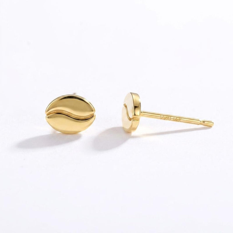 Pair of very small coffee bean stud earrings in gold with a center seam