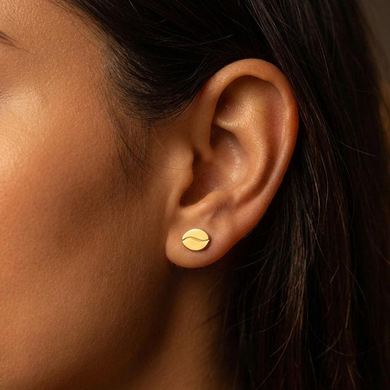 Pair of very small coffee bean stud earrings in gold with a center seam (3 of 10)