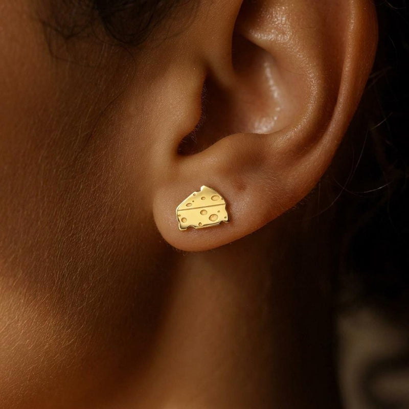 Small gold cheese wedge stud earrings with cutout holes, shown as a pair (2 of 12)
