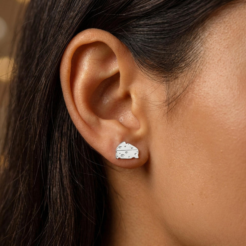 Small gold cheese wedge stud earrings with cutout holes, shown as a pair (5 of 12)