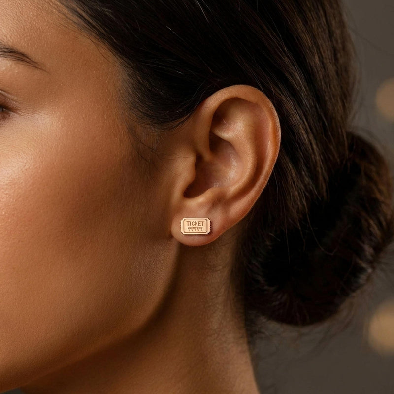 Pair of small gold movie ticket stud earrings with a perforated edge (3 of 8)