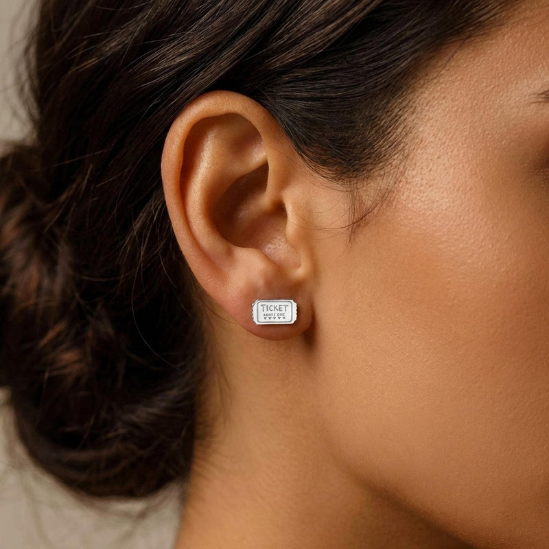Pair of small gold movie ticket stud earrings with a perforated edge (4 of 8)