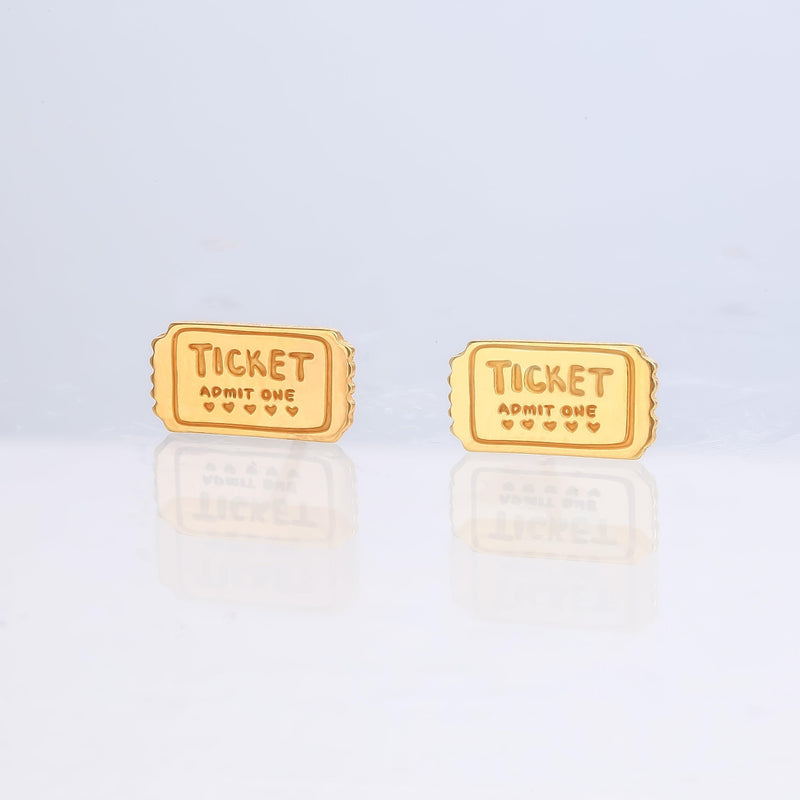 Pair of small gold movie ticket stud earrings with a perforated edge (8 of 8)