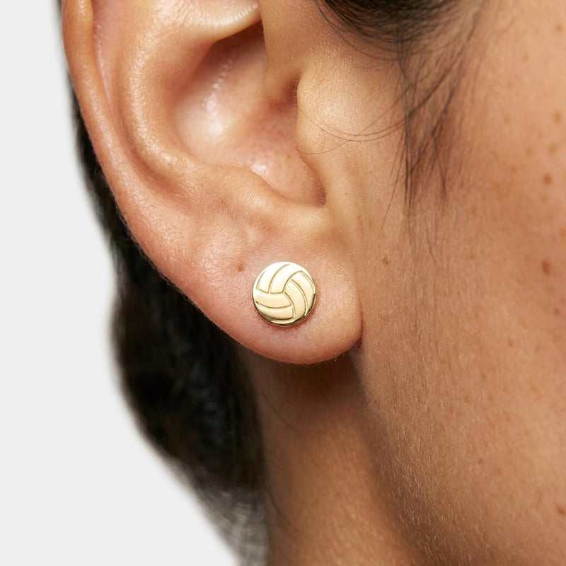 Pair of very small gold volleyball stud earrings with panel lines
