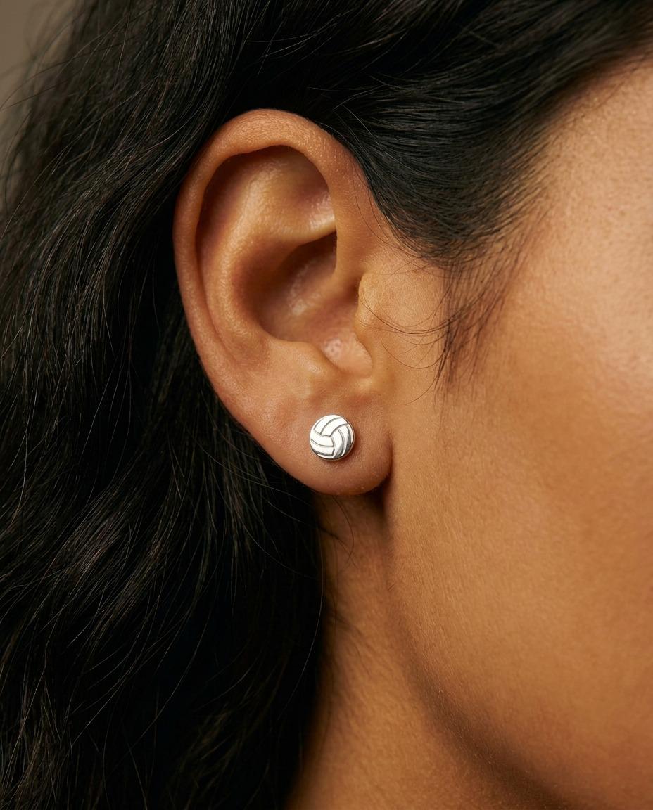 Pair of very small gold volleyball stud earrings with panel lines (2 of 9)