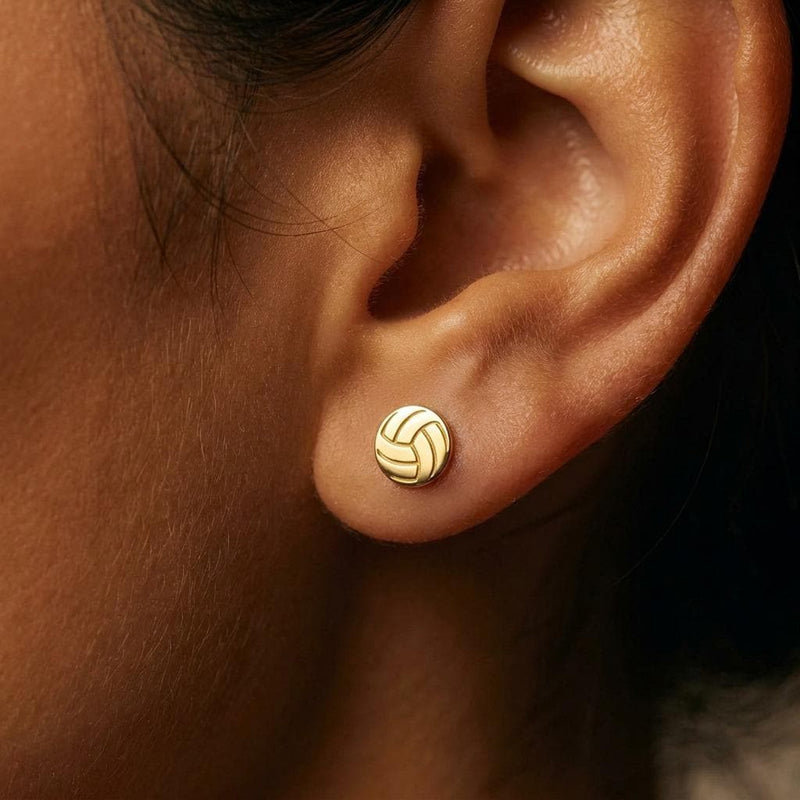 Pair of very small gold volleyball stud earrings with panel lines (8 of 9)