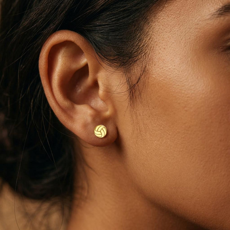 Pair of very small gold volleyball stud earrings with panel lines (9 of 9)