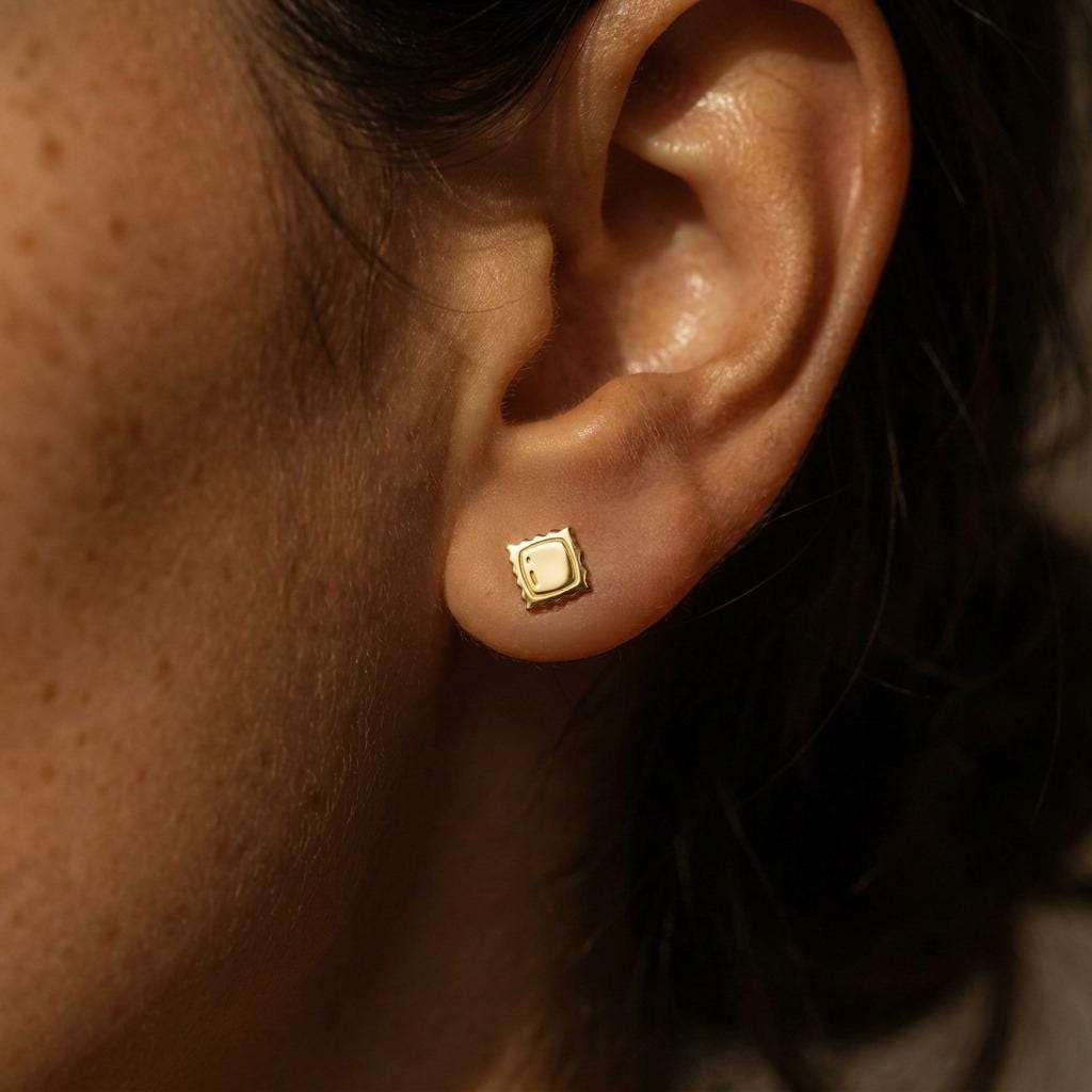 Pair of tiny gold ravioli pasta stud earrings with crimped edges (2 of 8)