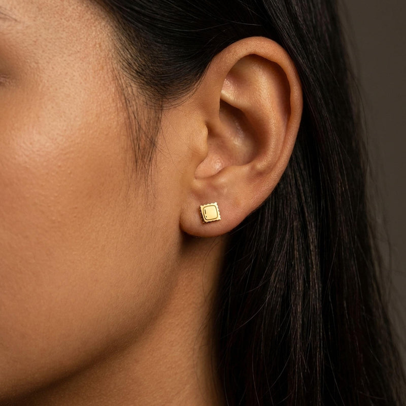 Pair of tiny gold ravioli pasta stud earrings with crimped edges (3 of 8)