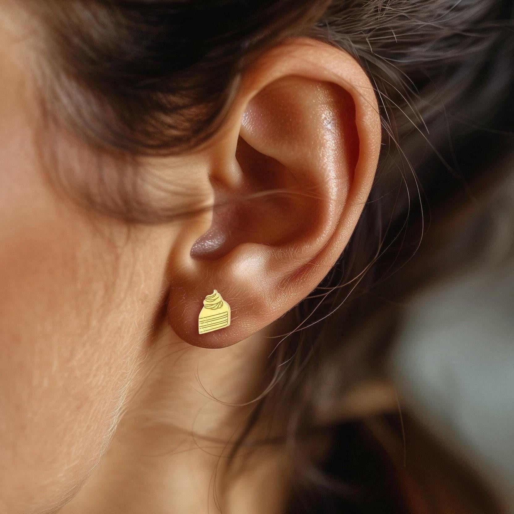 Pair of small birthday cake stud earrings with one candle, in gold (2 of 10)