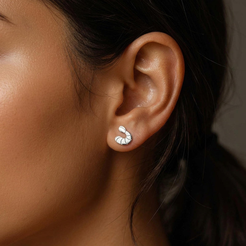 Pair of small gold shrimp stud earrings with curled tails and segmented shells (3 of 9)