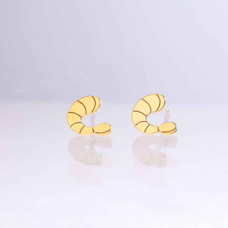 Pair of small gold shrimp stud earrings with curled tails and segmented shells (9 of 9)