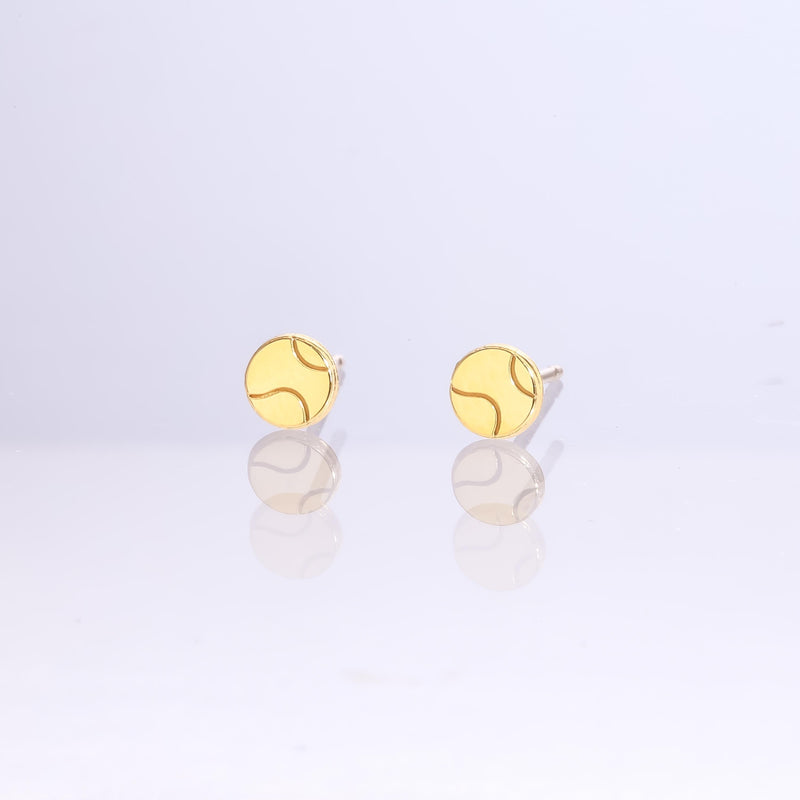Pair of very small round gold tennis ball stud earrings with seam detail (4 of 10)