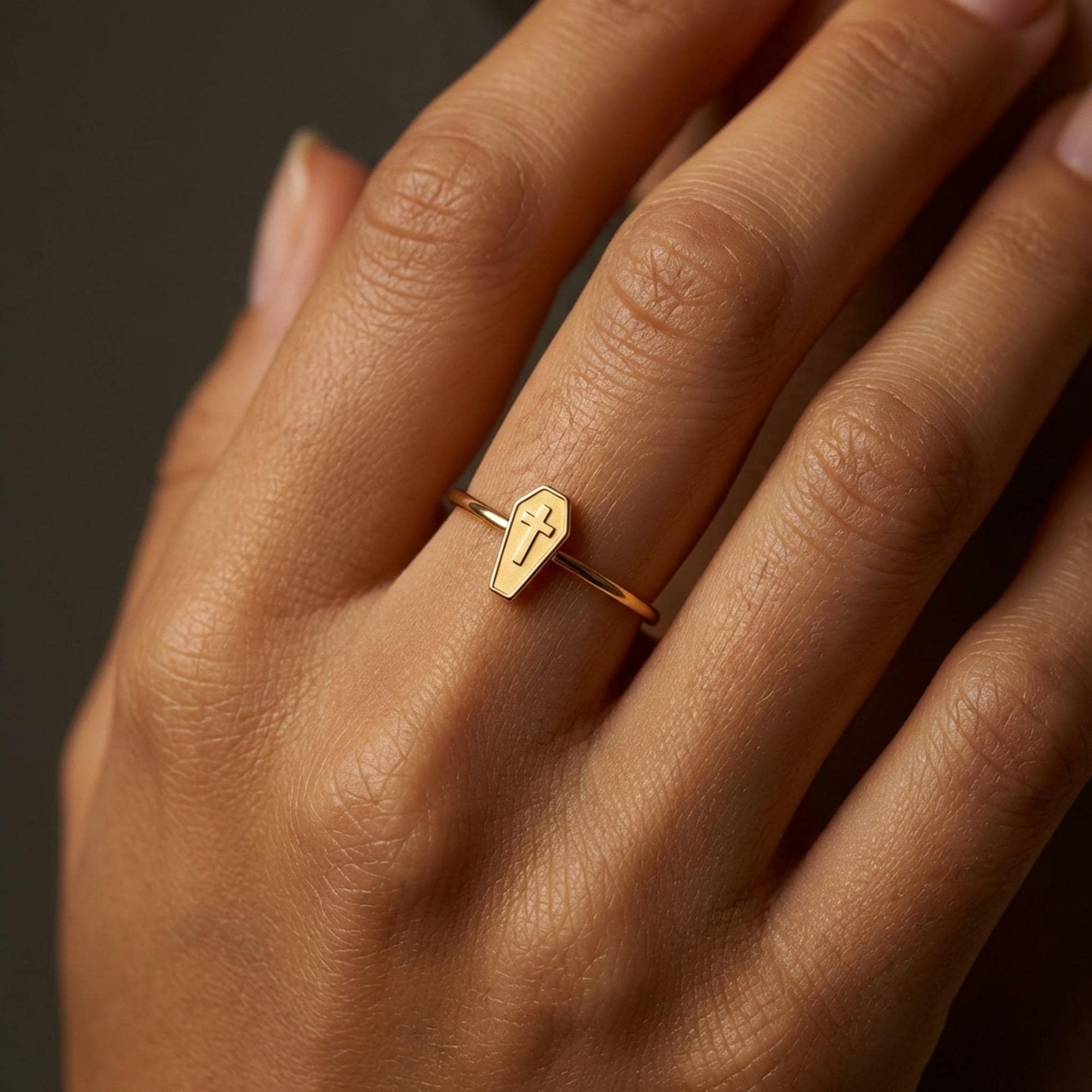 Thin gold stacking ring with a small flat coffin shape on top (2 of 14)