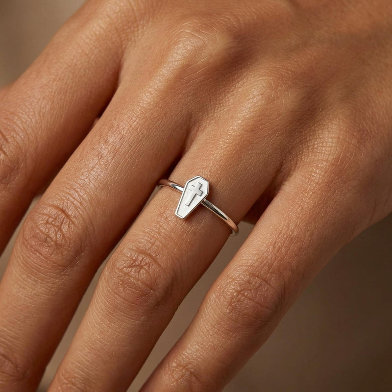 Thin gold stacking ring with a small flat coffin shape on top (3 of 14)