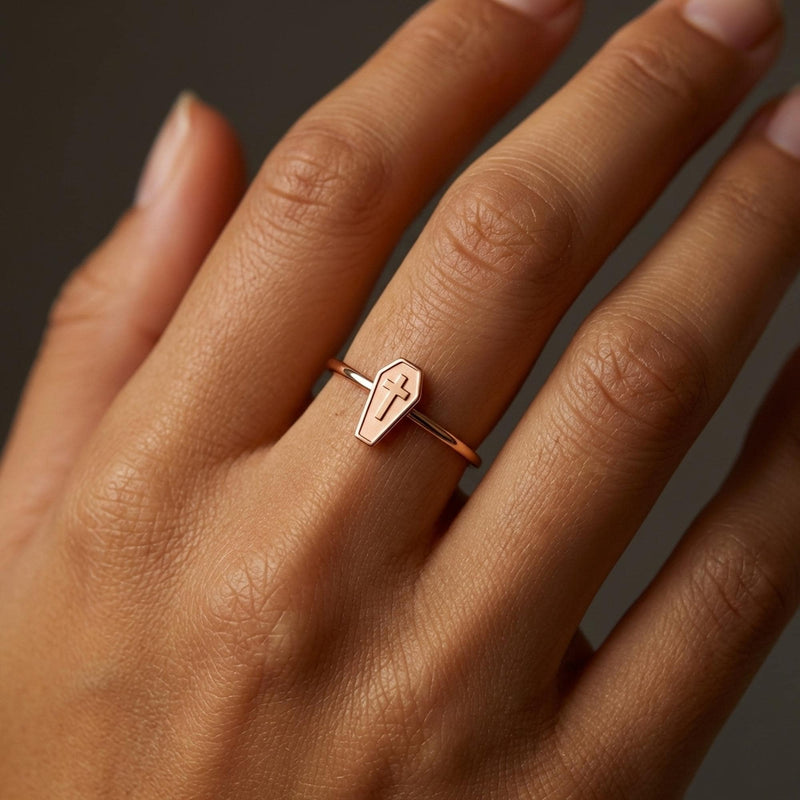 Thin gold stacking ring with a small flat coffin shape on top (4 of 14)