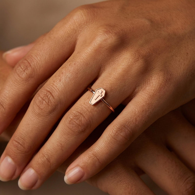 Thin gold stacking ring with a small flat coffin shape on top (5 of 14)