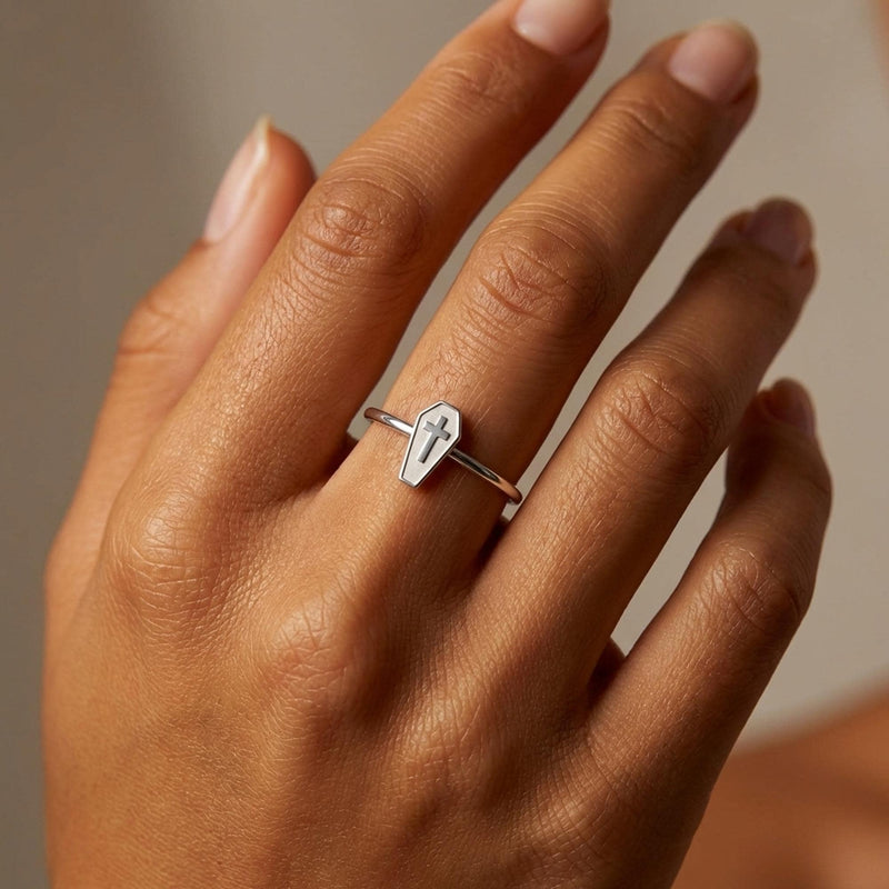 Thin gold stacking ring with a small flat coffin shape on top (6 of 14)