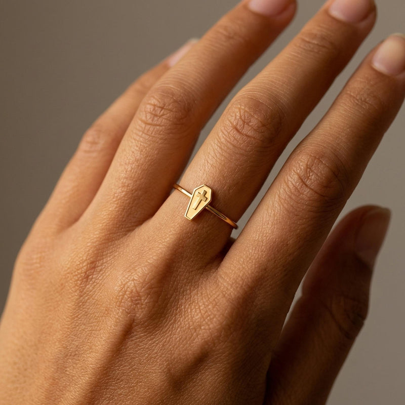 Thin gold stacking ring with a small flat coffin shape on top (7 of 14)