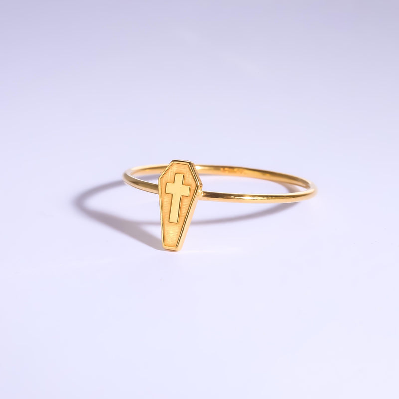 Thin gold stacking ring with a small flat coffin shape on top (8 of 14)
