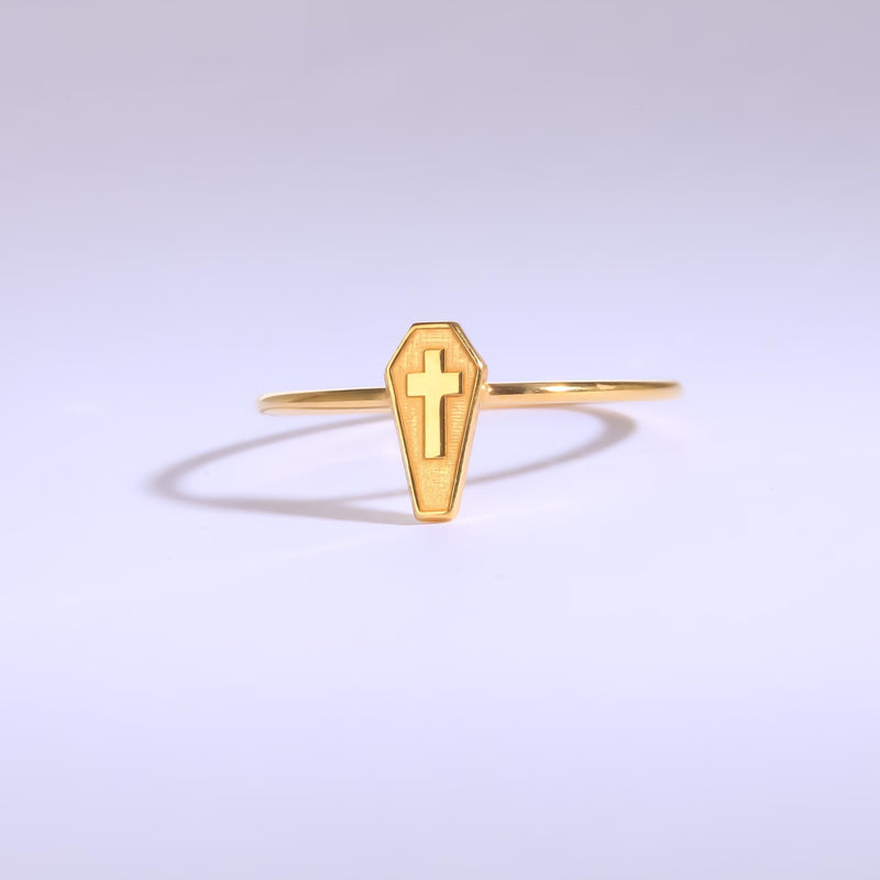 Thin gold stacking ring with a small flat coffin shape on top (9 of 14)