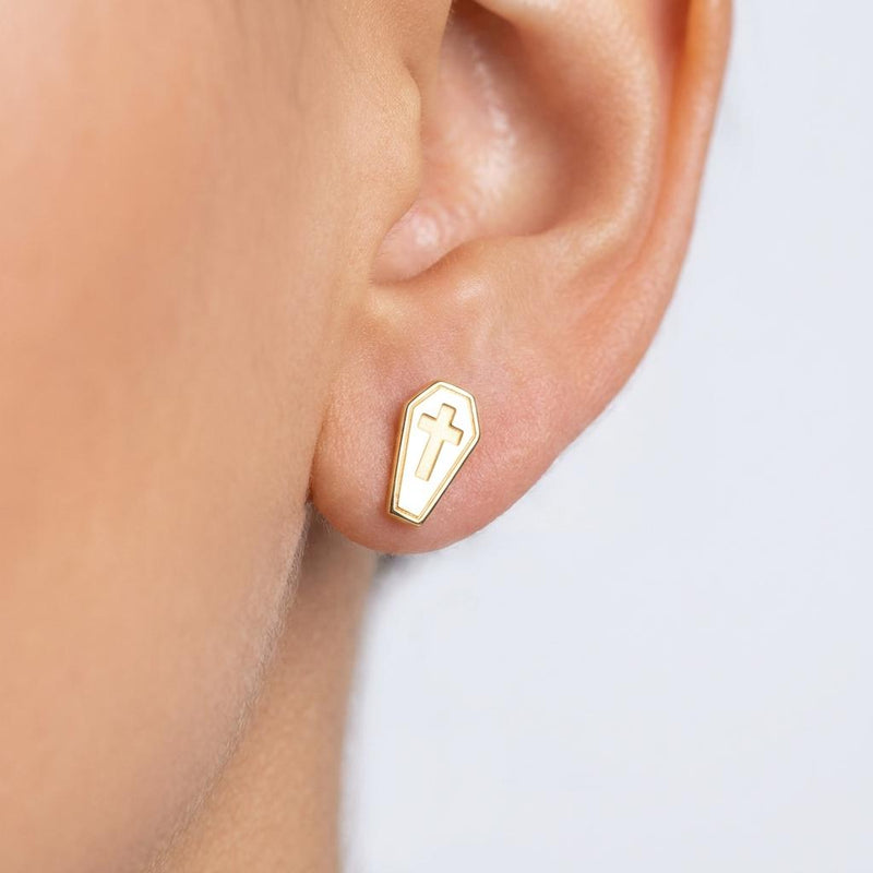 Pair of narrow gold coffin stud earrings with a raised cross on each lid (2 of 13)