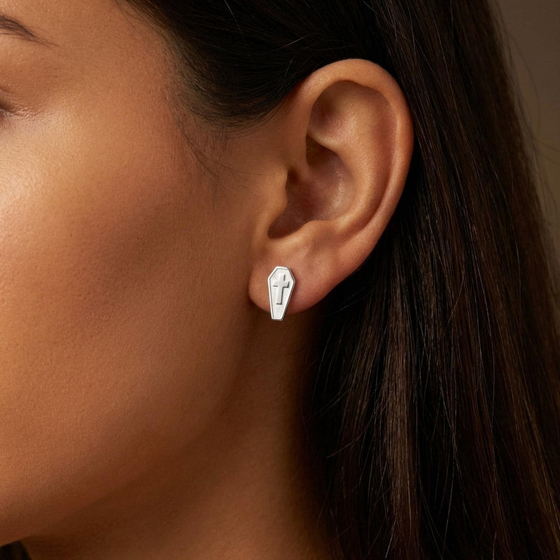 Pair of narrow gold coffin stud earrings with a raised cross on each lid (3 of 13)