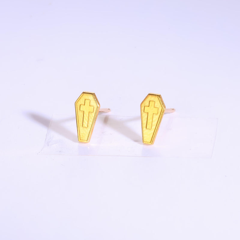 Pair of narrow gold coffin stud earrings with a raised cross on each lid (5 of 13)
