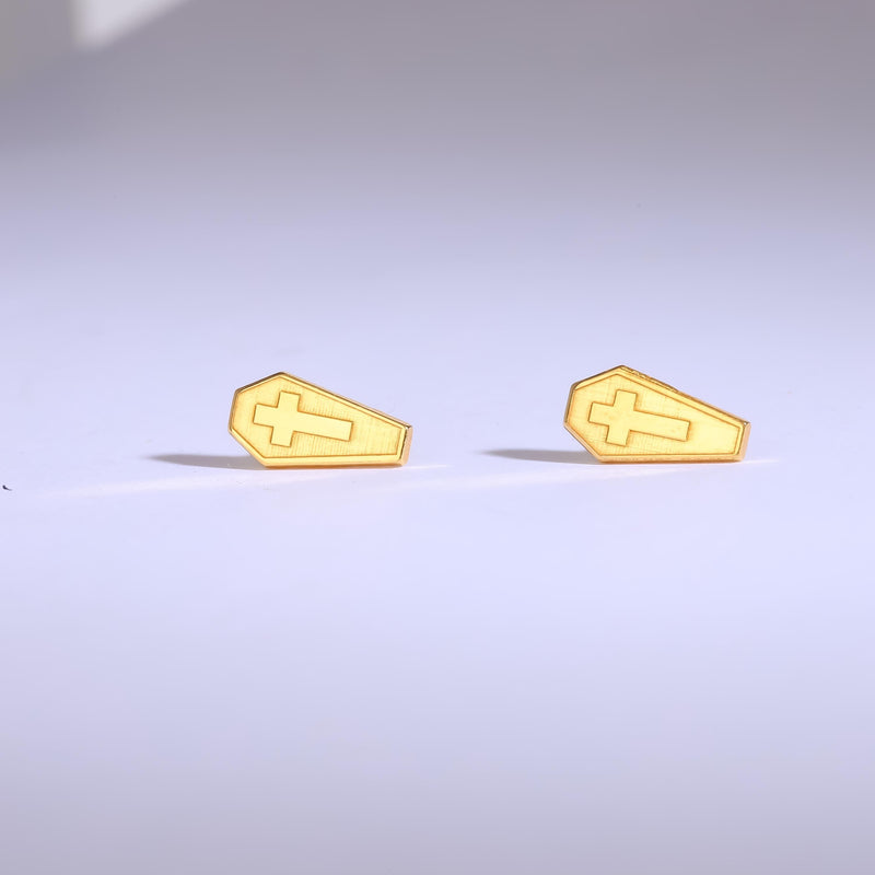 Pair of narrow gold coffin stud earrings with a raised cross on each lid (6 of 13)