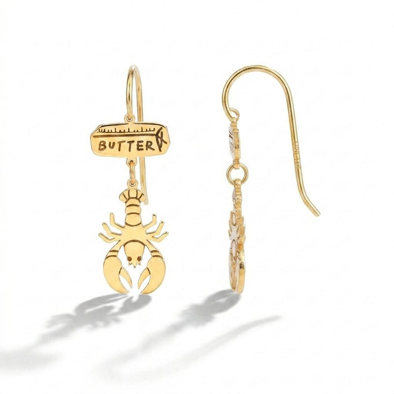 Pair of gold lobster earrings with claws and antennae, about 24 mm long