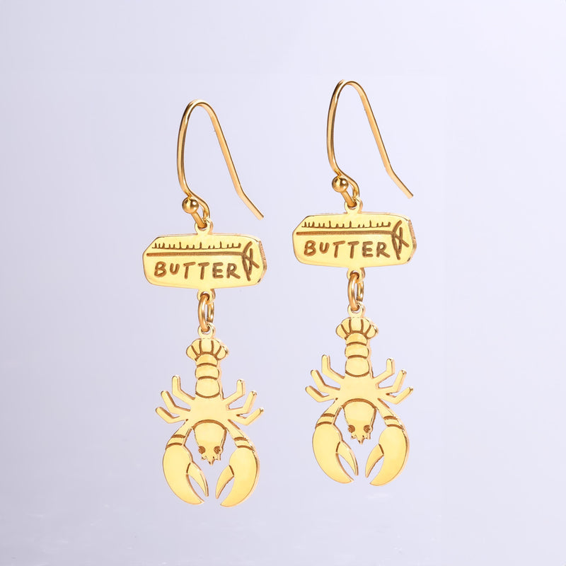 Pair of gold lobster earrings with claws and antennae, about 24 mm long (6 of 11)