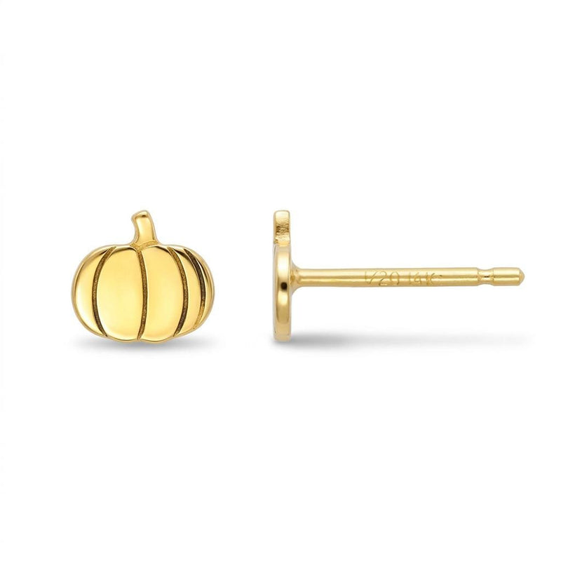 Pair of very small gold pumpkin stud earrings with curled stems