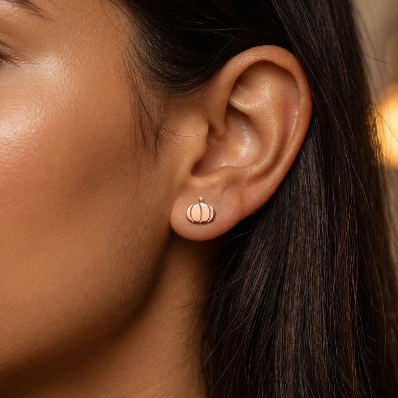 Pair of very small gold pumpkin stud earrings with curled stems (6 of 10)