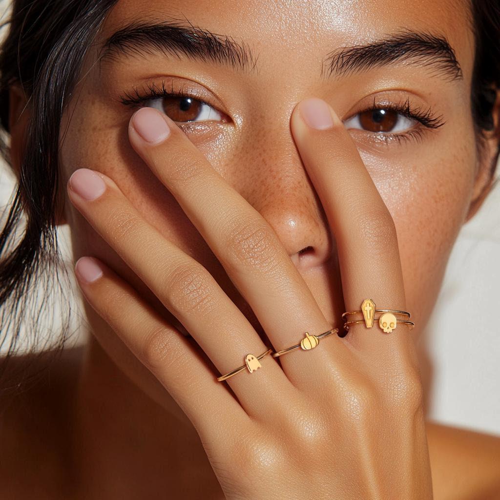 Set of thin gold Halloween stacking rings with small spooky motifs