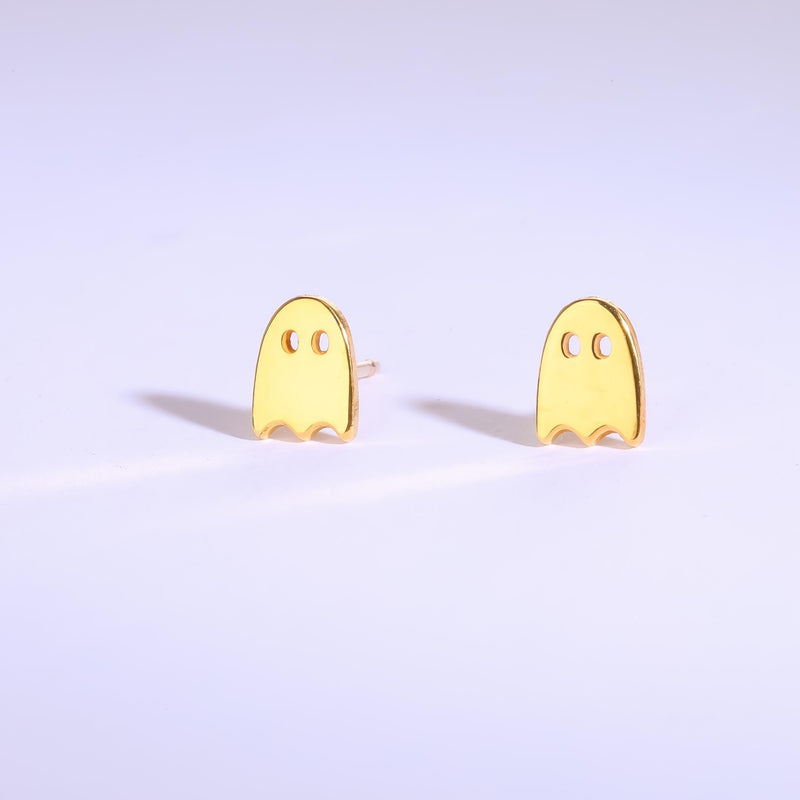 Small gold ghost stud earrings with two dot eyes and a wavy hem (7 of 10)
